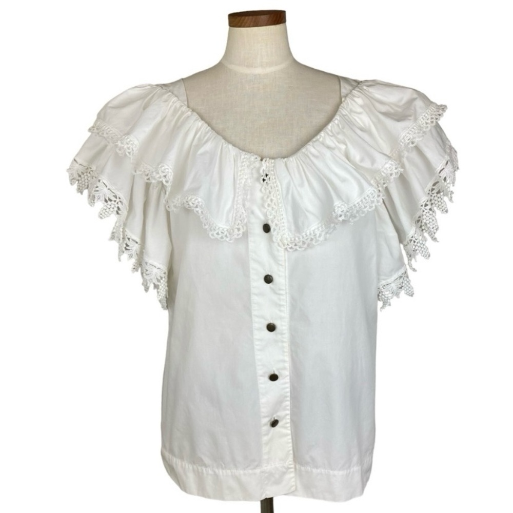 1980s Jan Barboglio White Cotton Ruffle Lace Button Down Blouse